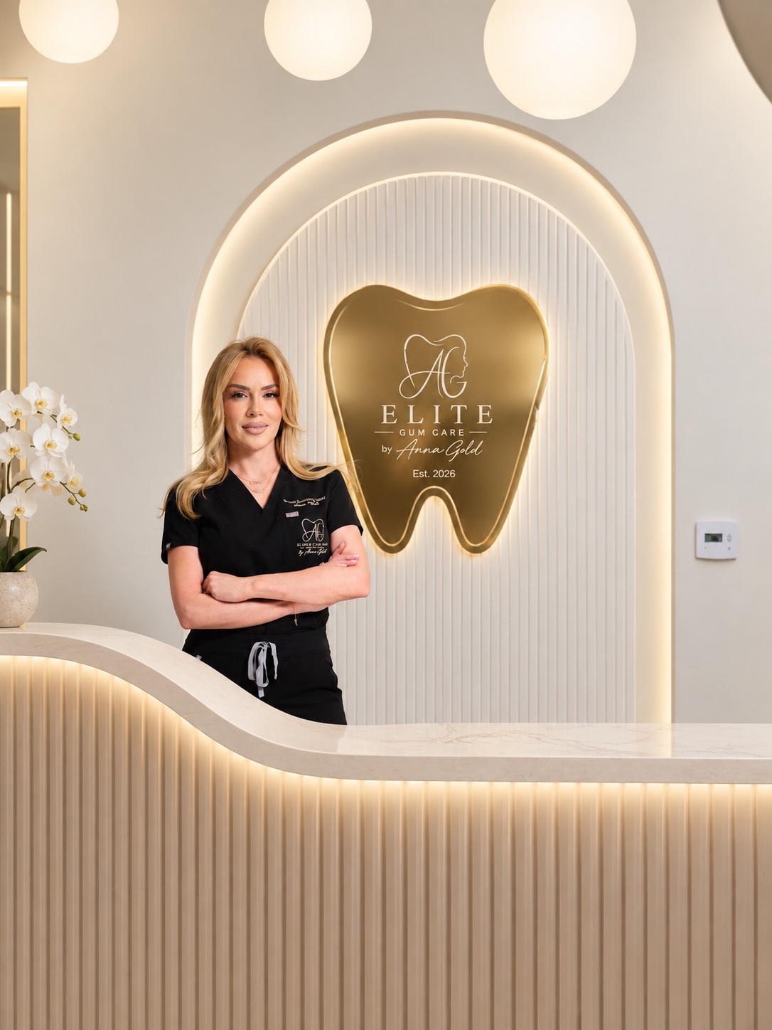 Anna Gold welcoming patients in the Elite Gum Care lobby