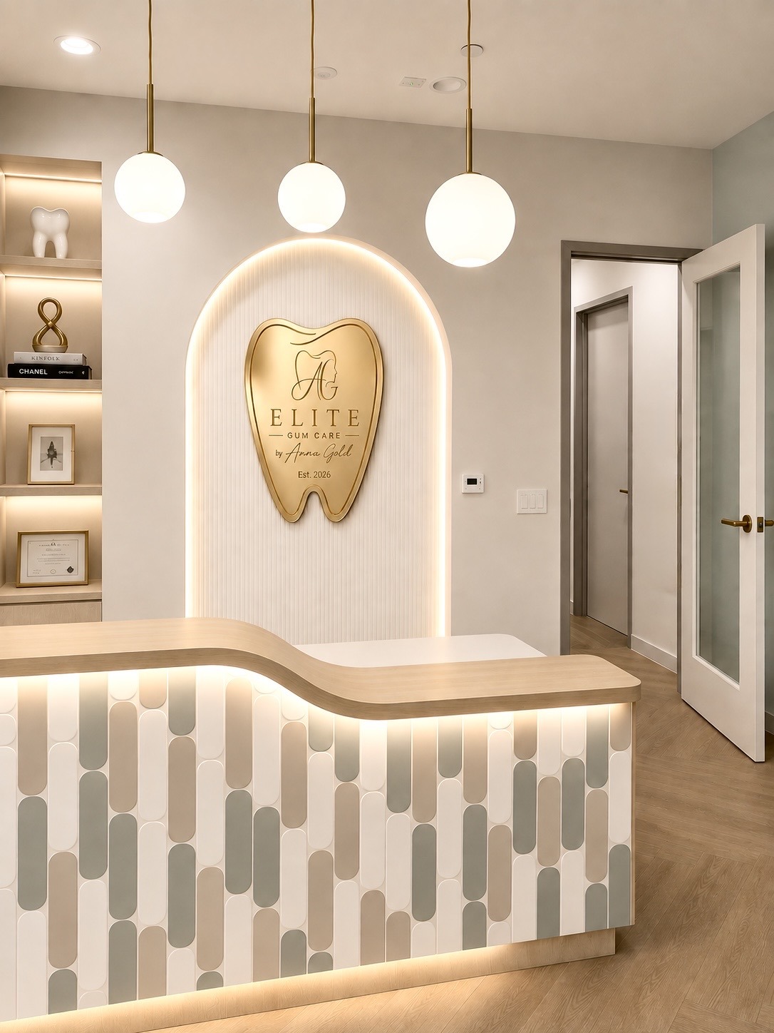 Elite Gum Care reception and gold tooth wall logo